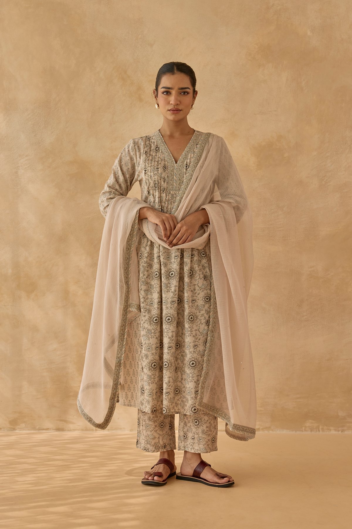Cotton Mughal Jaal & Buti Kurta Set in Beige