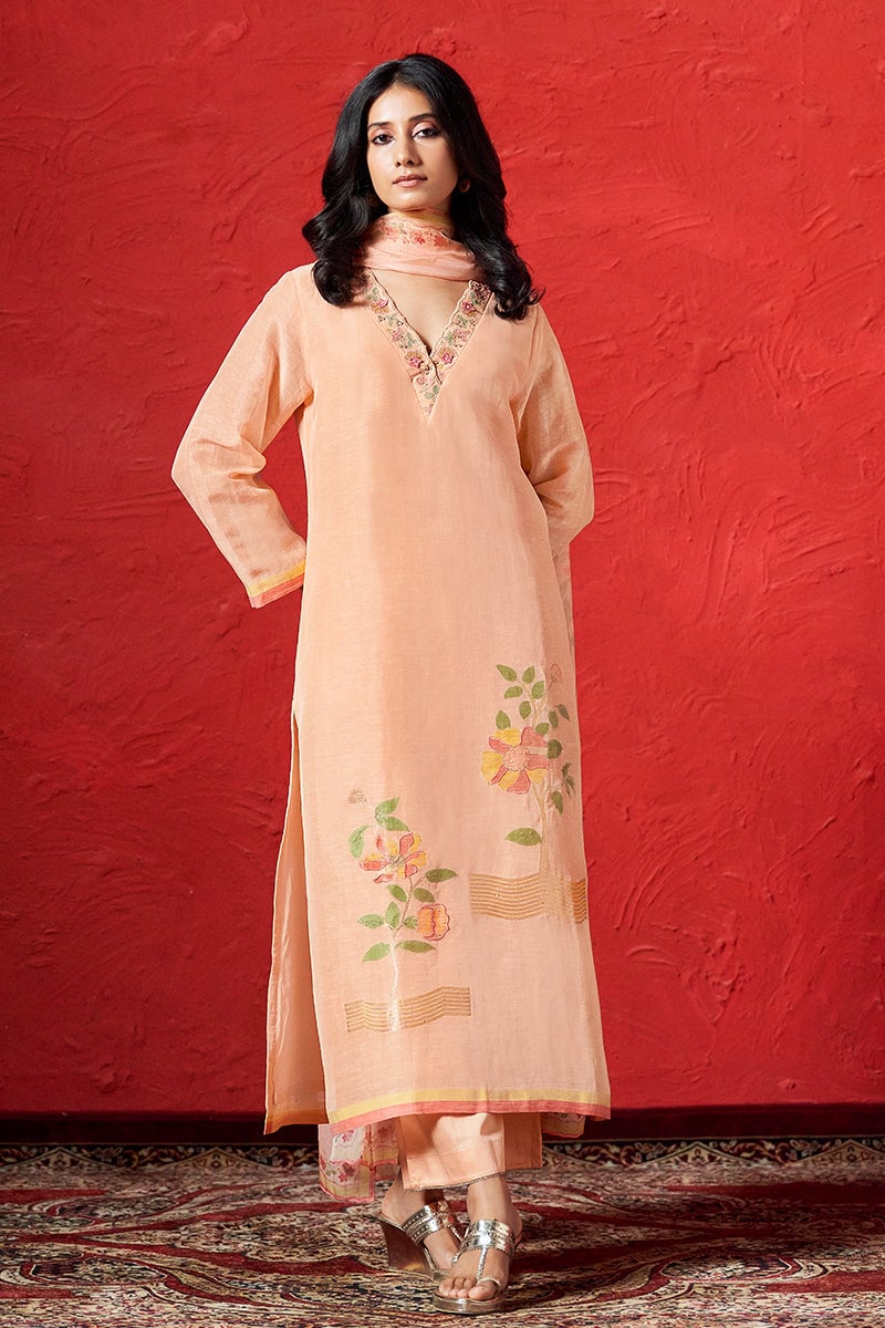 Peach Nectar Linen Straight Kurta Set with Embroidered V-Neck