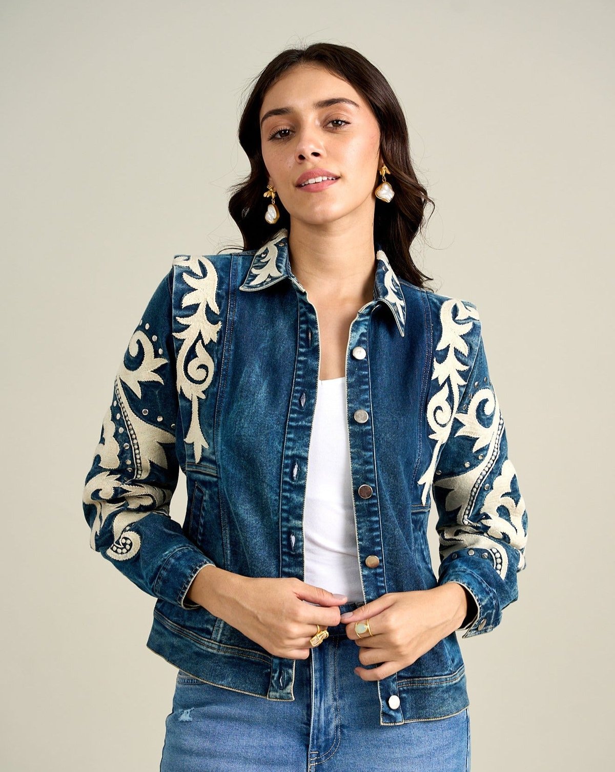 Blue Embroidered Denim Jacket with Button Front