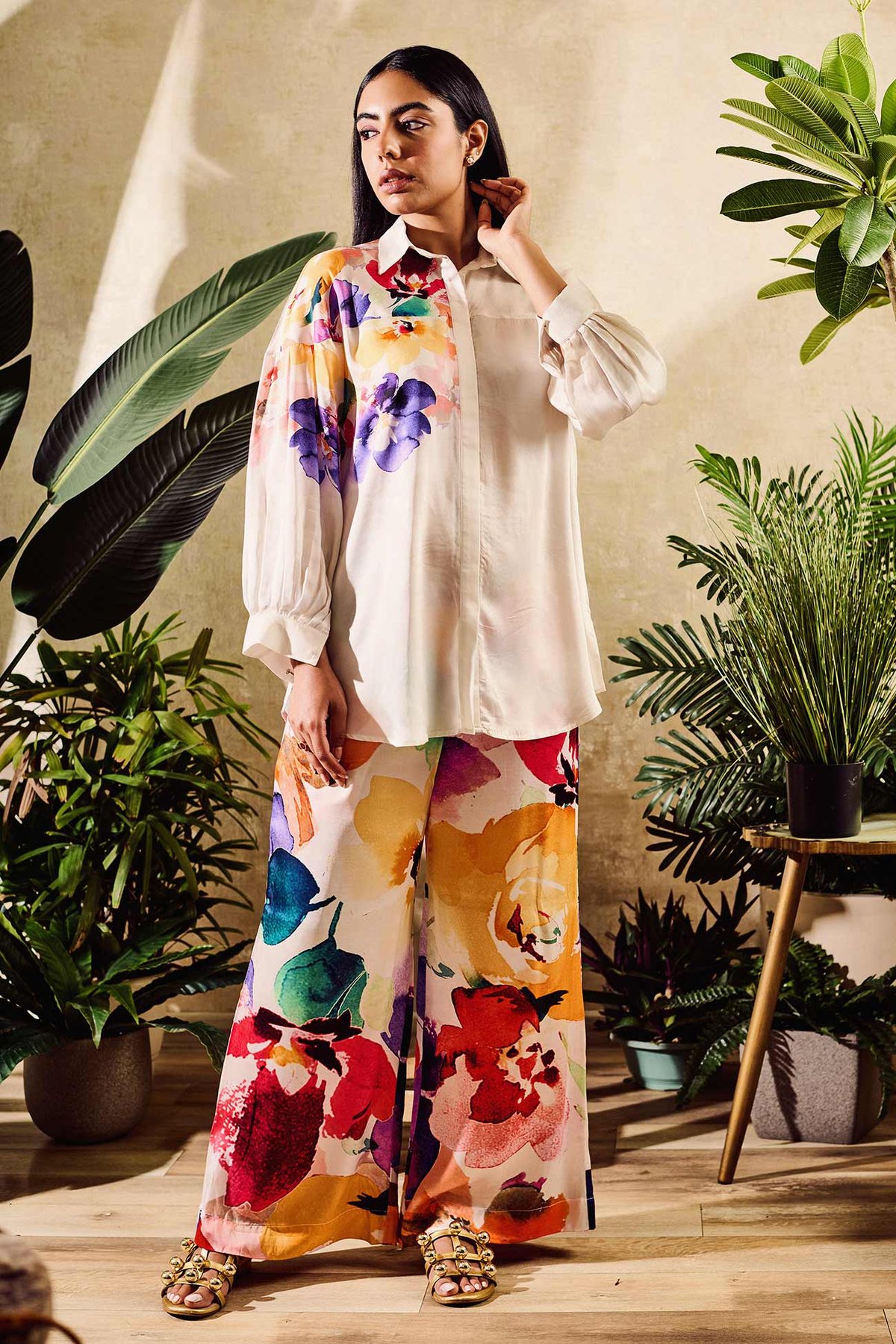 Cupro Satin Print Floral Collared Neck Bloom Shirt With Pant