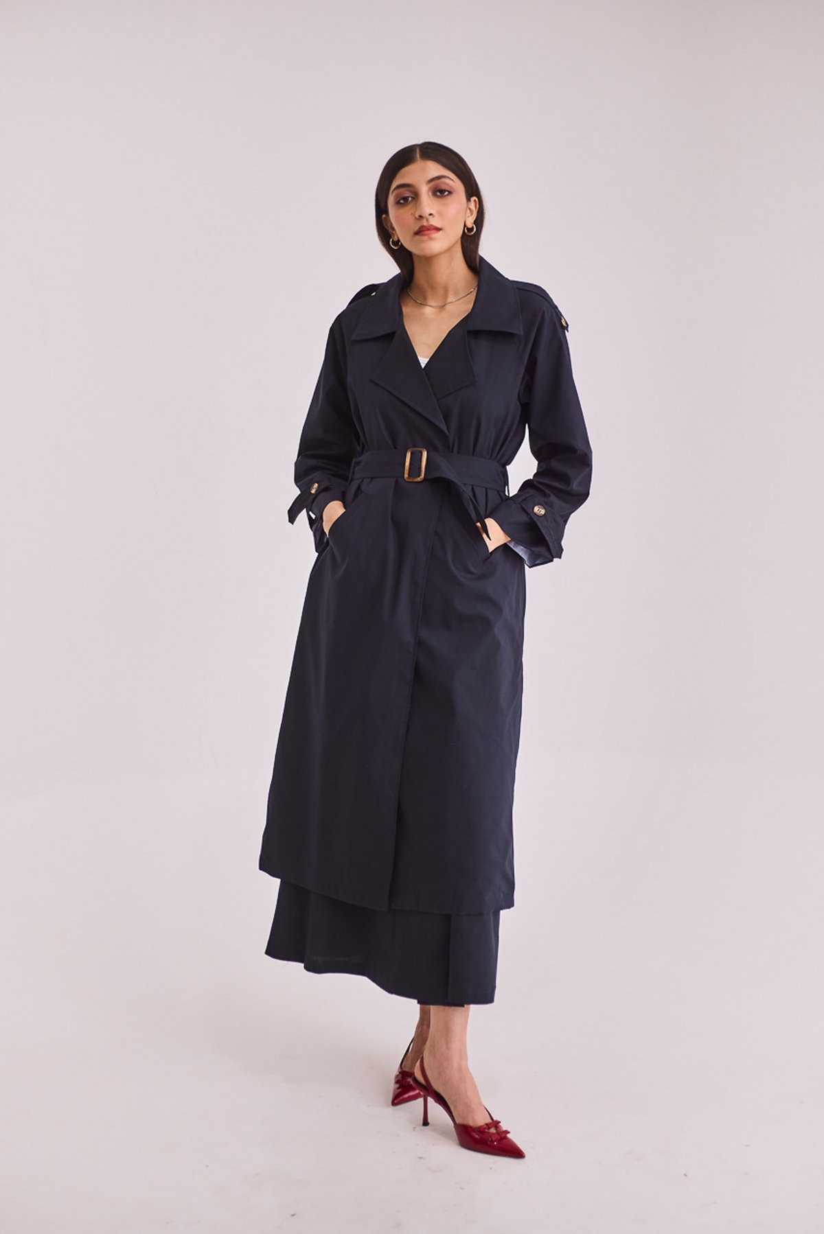 Navy Blue Longline Belted Trench Coat