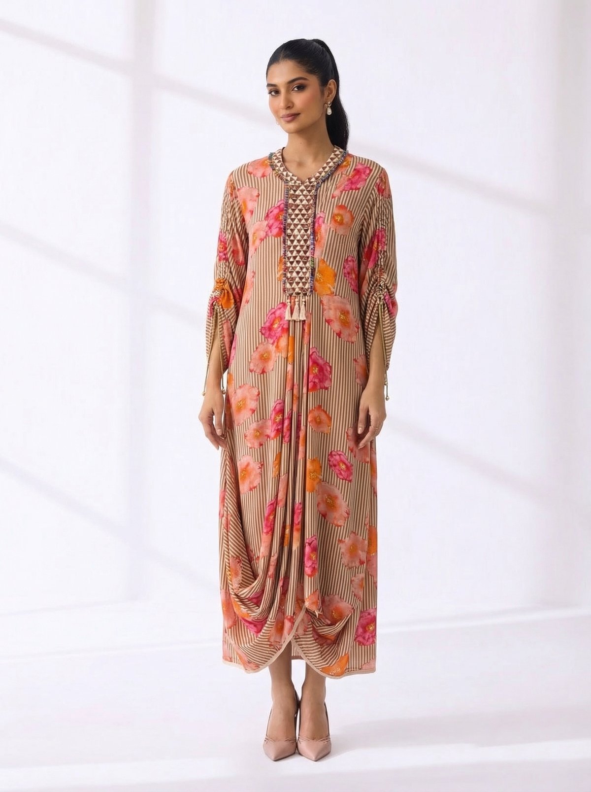 Beige Mixed Print Maxi Dress with Tassel Tie Neck