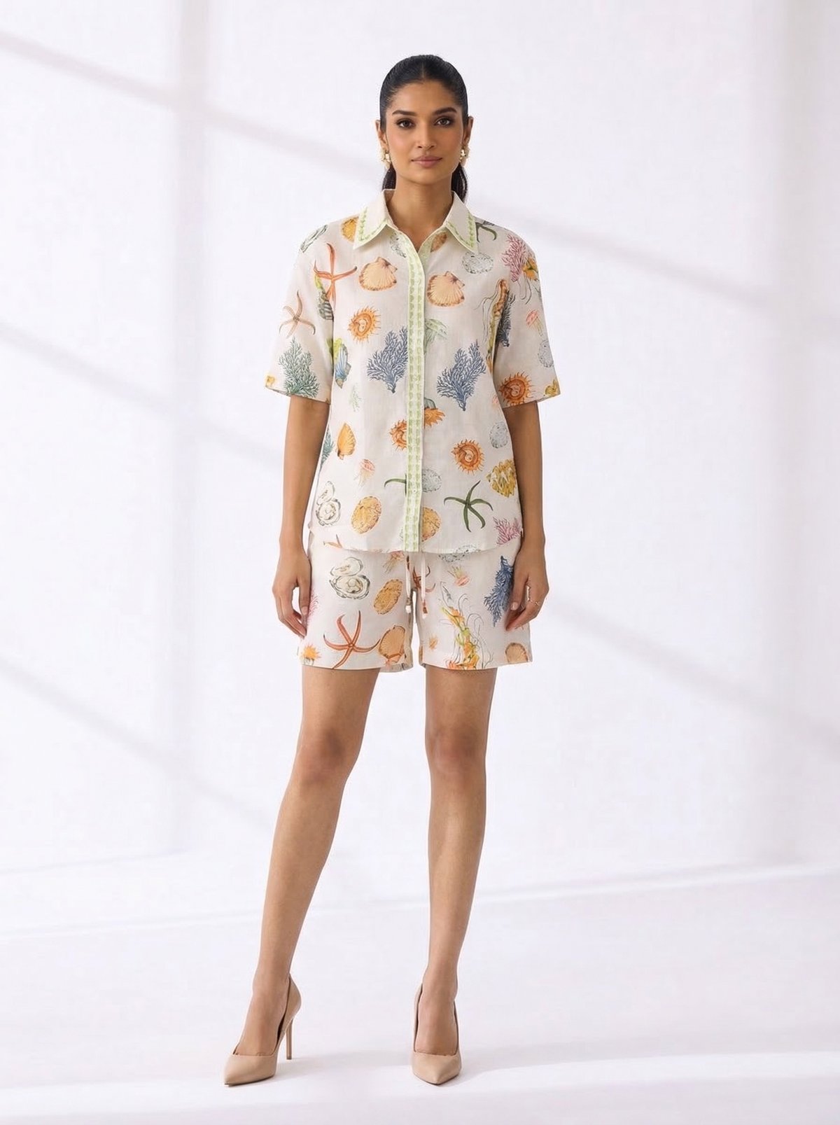 Cream Printed Shirt and Shorts Co-ord Set
