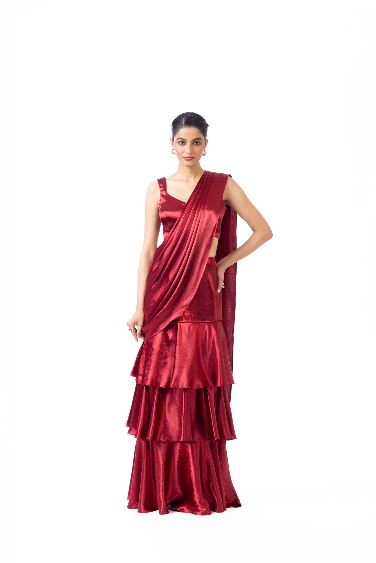 Maroon Satin-Finish Tiered Saree with Matching Blouse