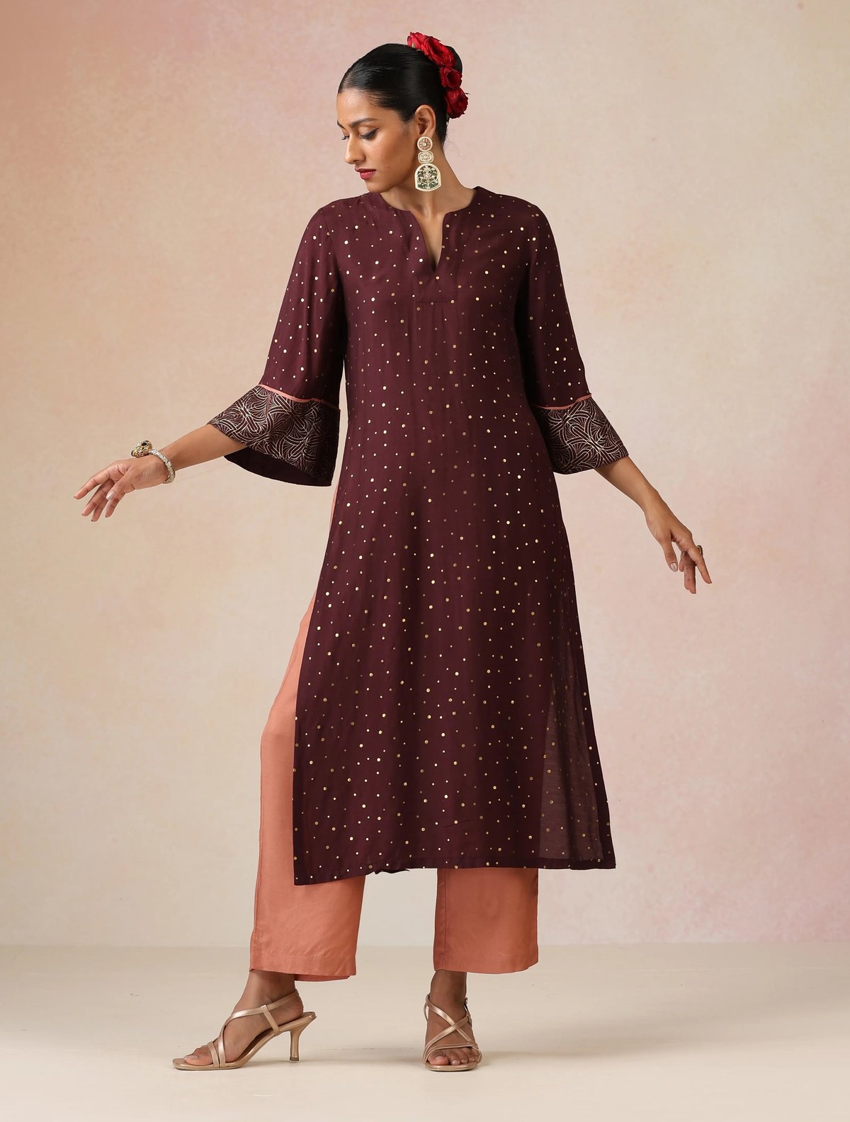 Cola Gold Foil Polka Dot Straight Kurta Set