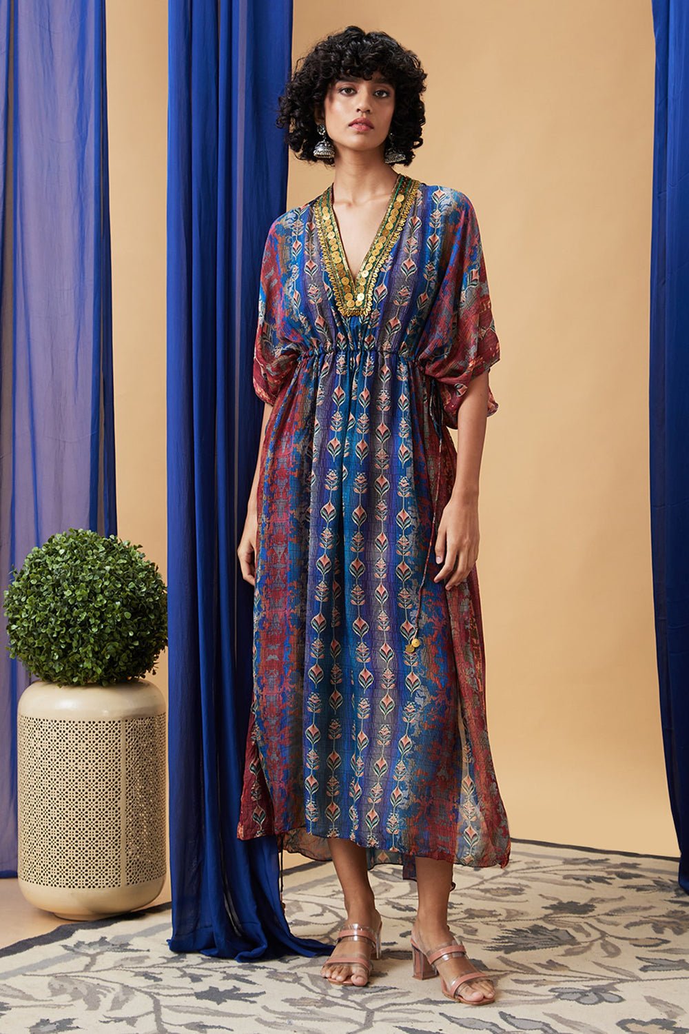 Beige Printed Chiffon Kurta Set with Embellished V-Neck
