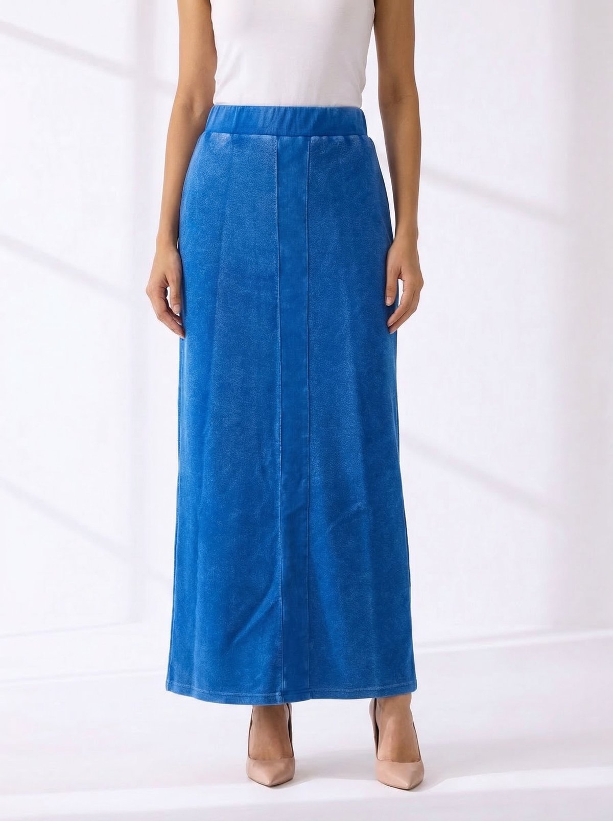 Blue Terry Maxi Skirt with Pull-On Waist