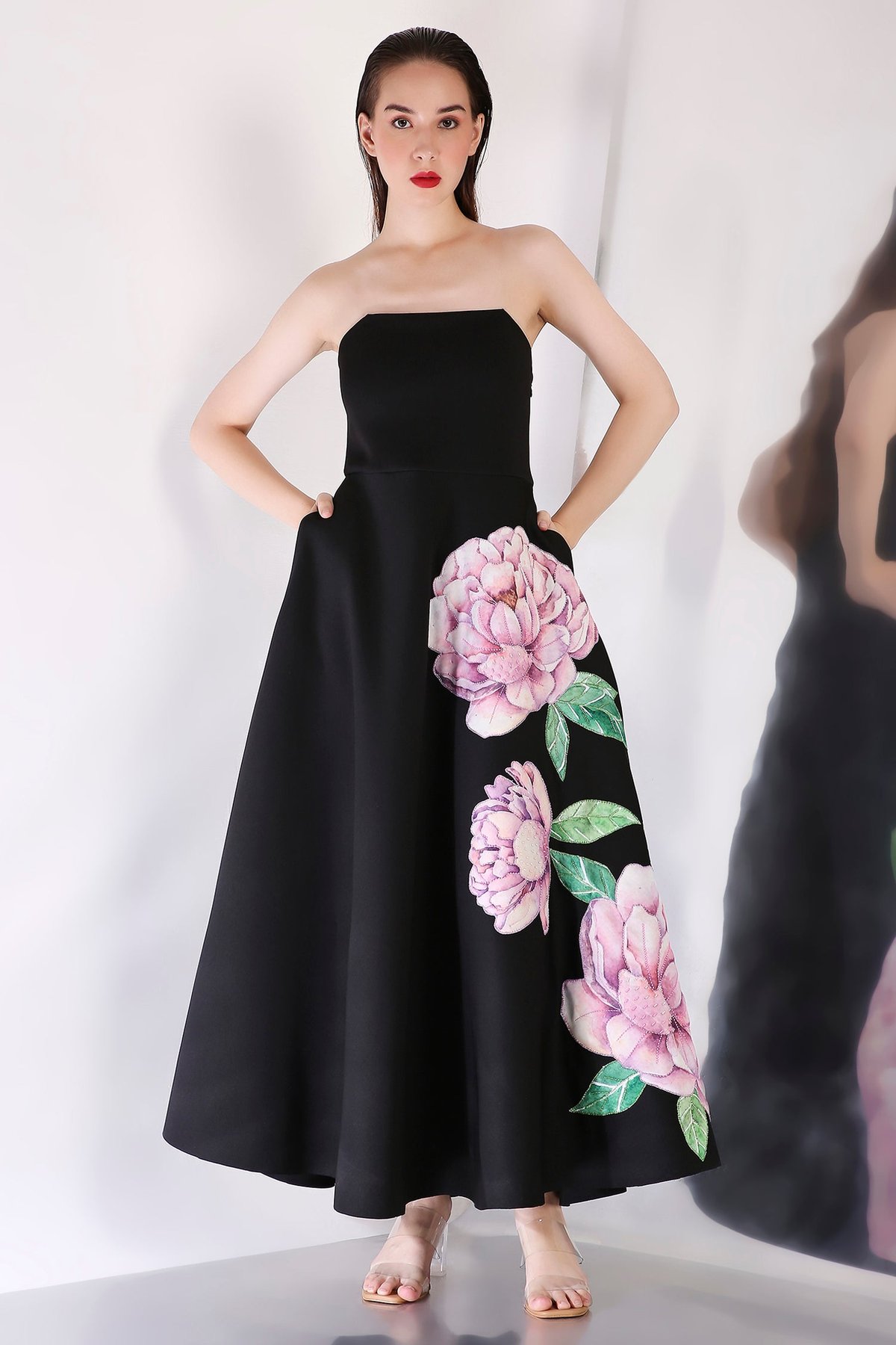 Black Strapless Floral Placement Midi Dress