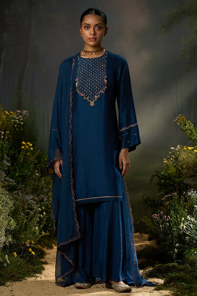 Moonlit Ocean Raw Silk Embroidered Kurta Set with Sharara
