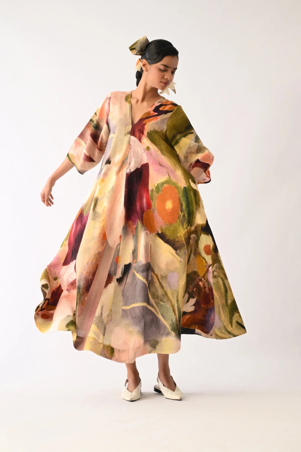 Multicolor Printed Cotton A-Line Maxi Dress with V-Neck