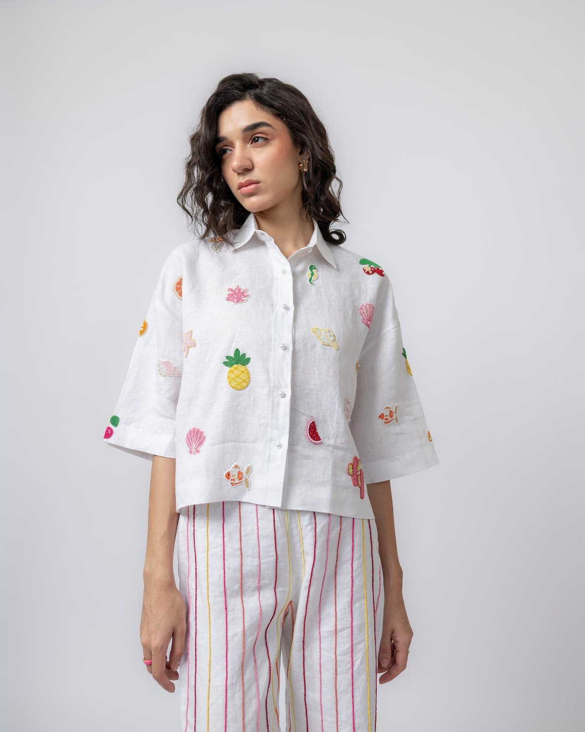 White Linen Hand-Beaded Motif Shirt