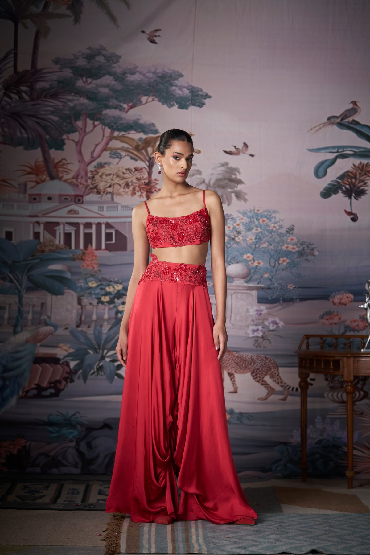 Red Satin Embroidered Crop Top and Palazzo Co-ord Set