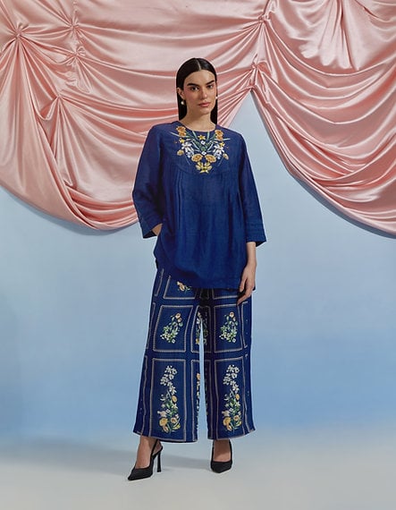 Airforce Blue Embroidered Top and Printed Pants Co-ord Set