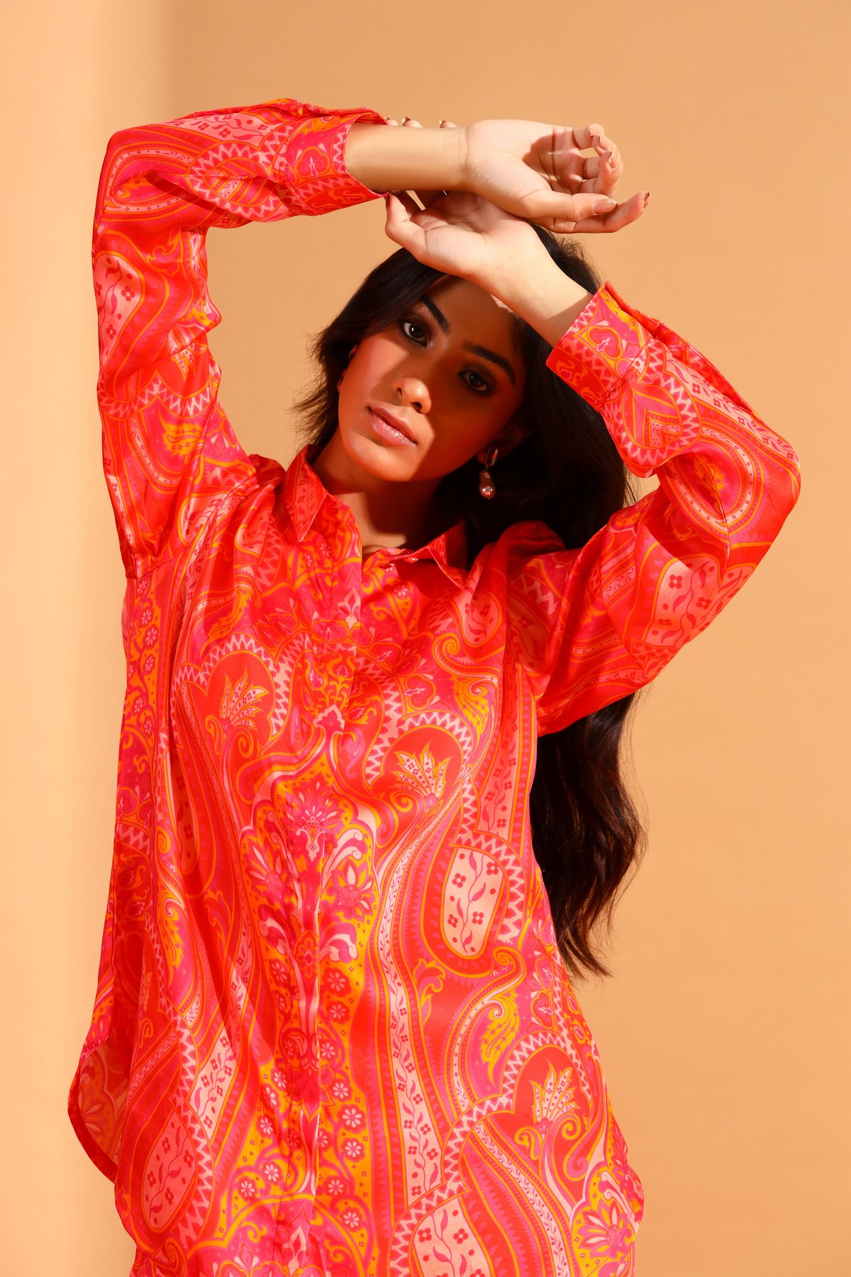 Coral and Magenta Paisley Printed Longline Shirt