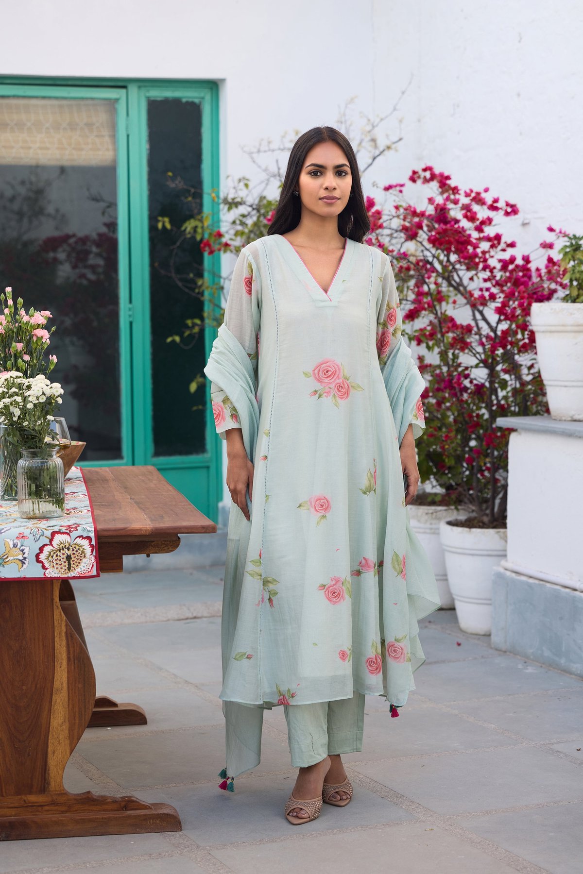 Ice Blue Hand-Painted Floral Silk Chanderi Kurta Set