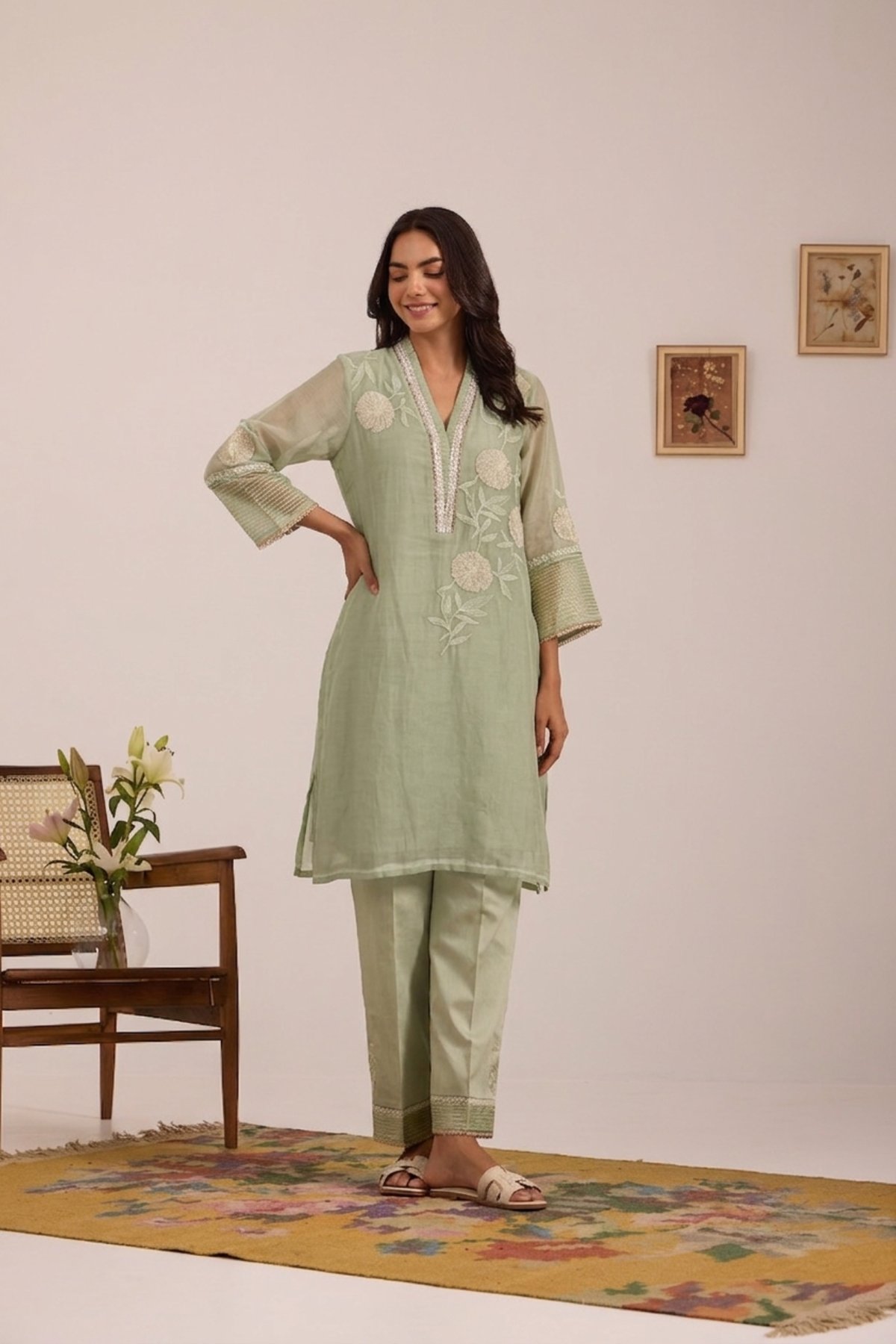Side Floral Emb A-Line Chanderi Kurta Set