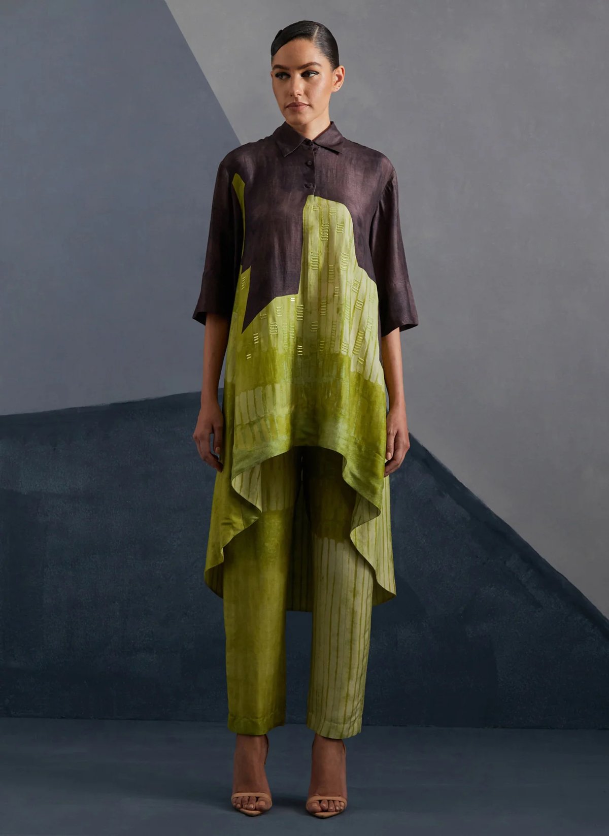 Green Colorblocked Dupion Silk Kurta Set with Pants