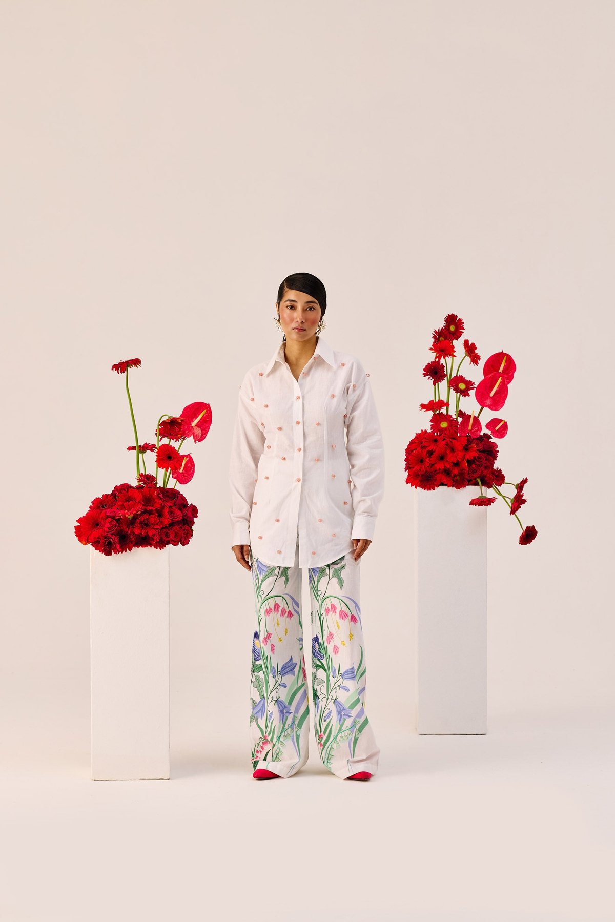White Floral Print Linen Wide-Leg Pants