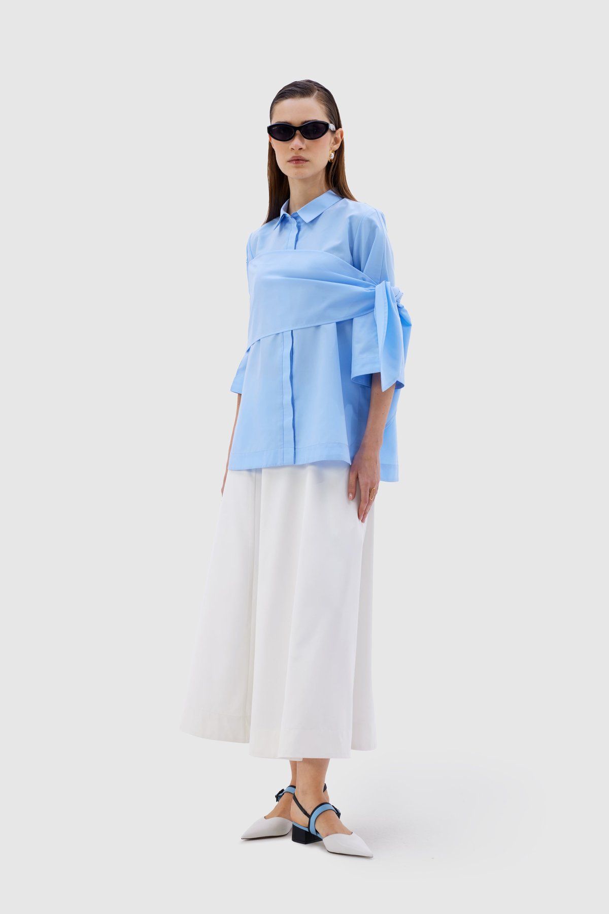 Sky Blue Cotton Poplin Wrap-Detail Button-Down Shirt