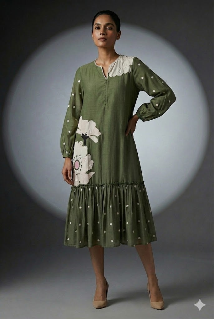Army Green Floral Print Tiered Midi Dress