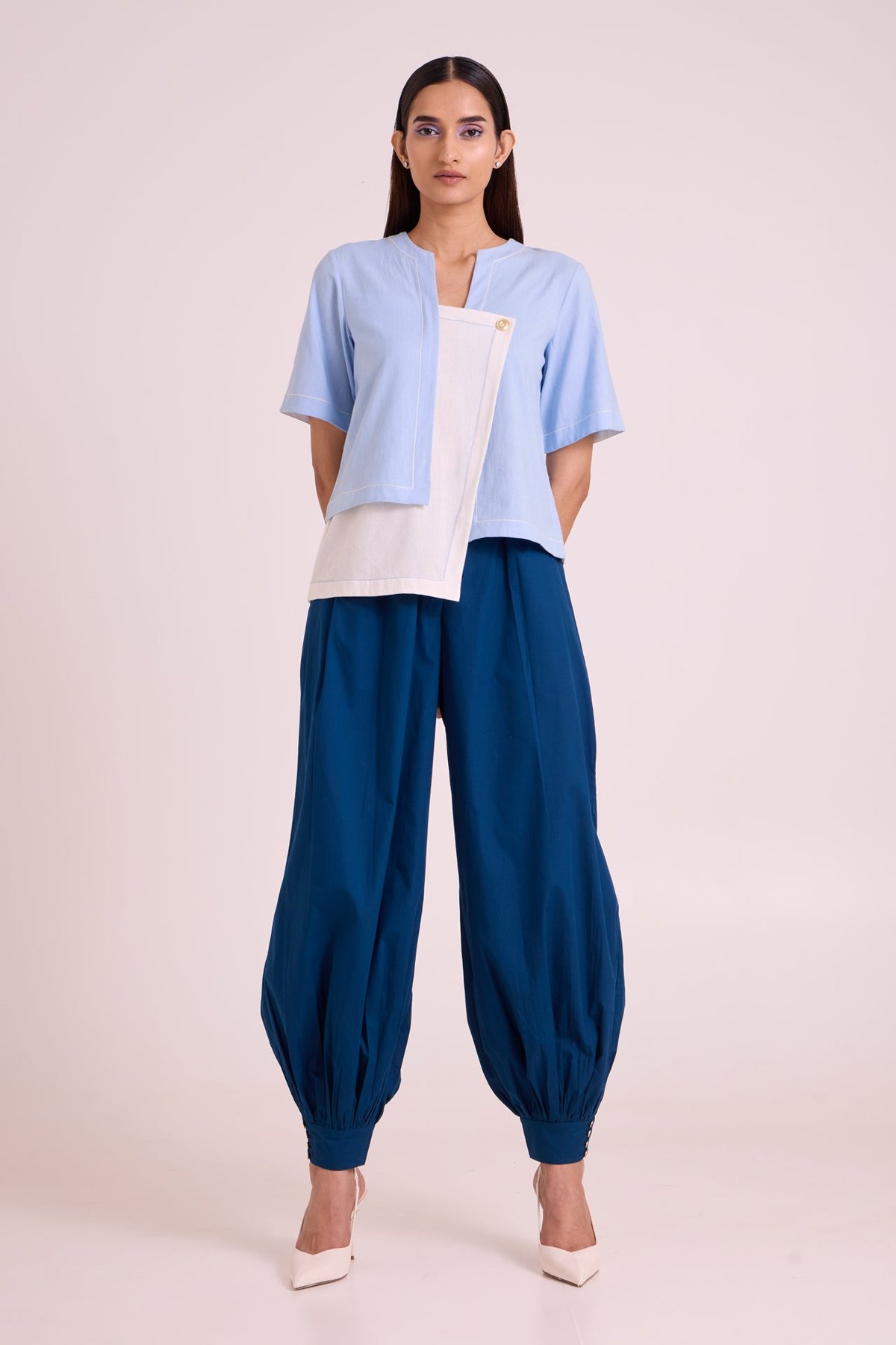 Ice Blue Panelled Top and Pant Co-ord Set