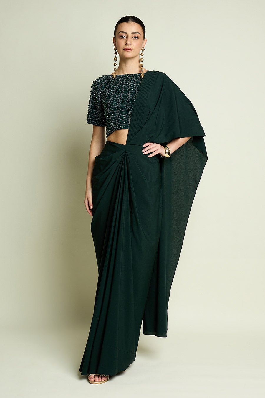 Emerald Pre-Draped Saree With Embellished Blouse