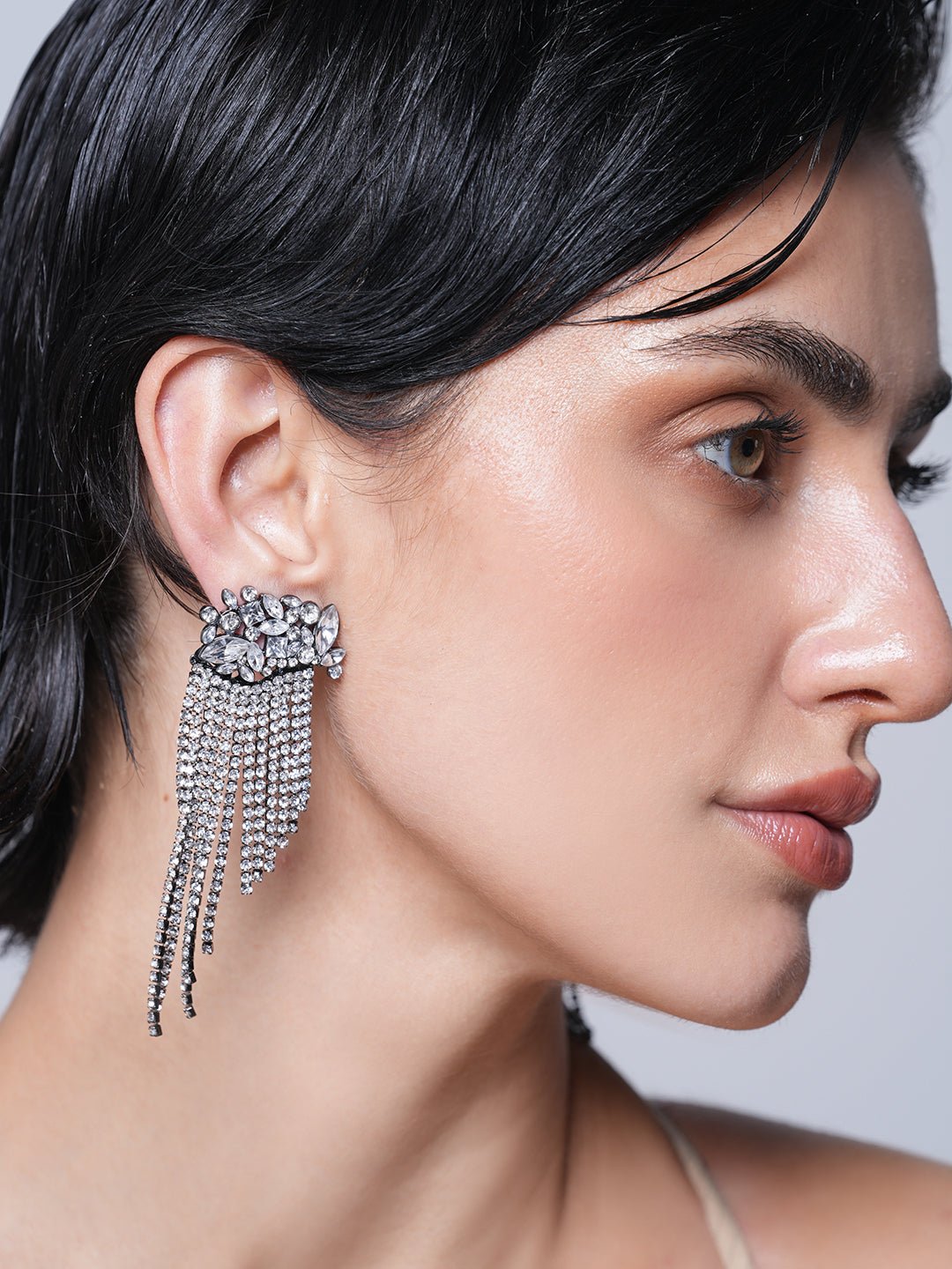 Silver Rhinestone Tassel Earrings