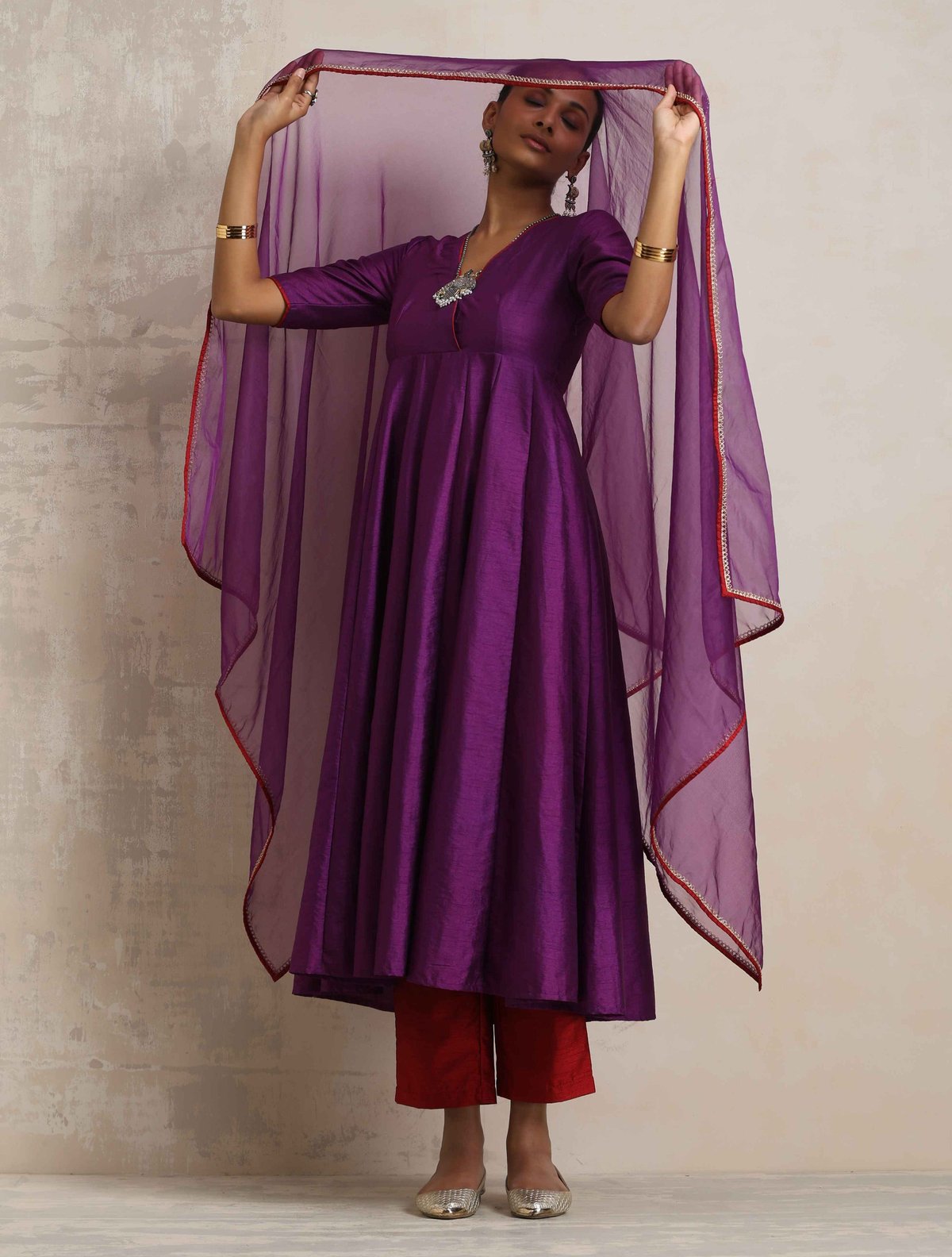 Purple Silk Anarkali Kurta Pant Dupatta Set
