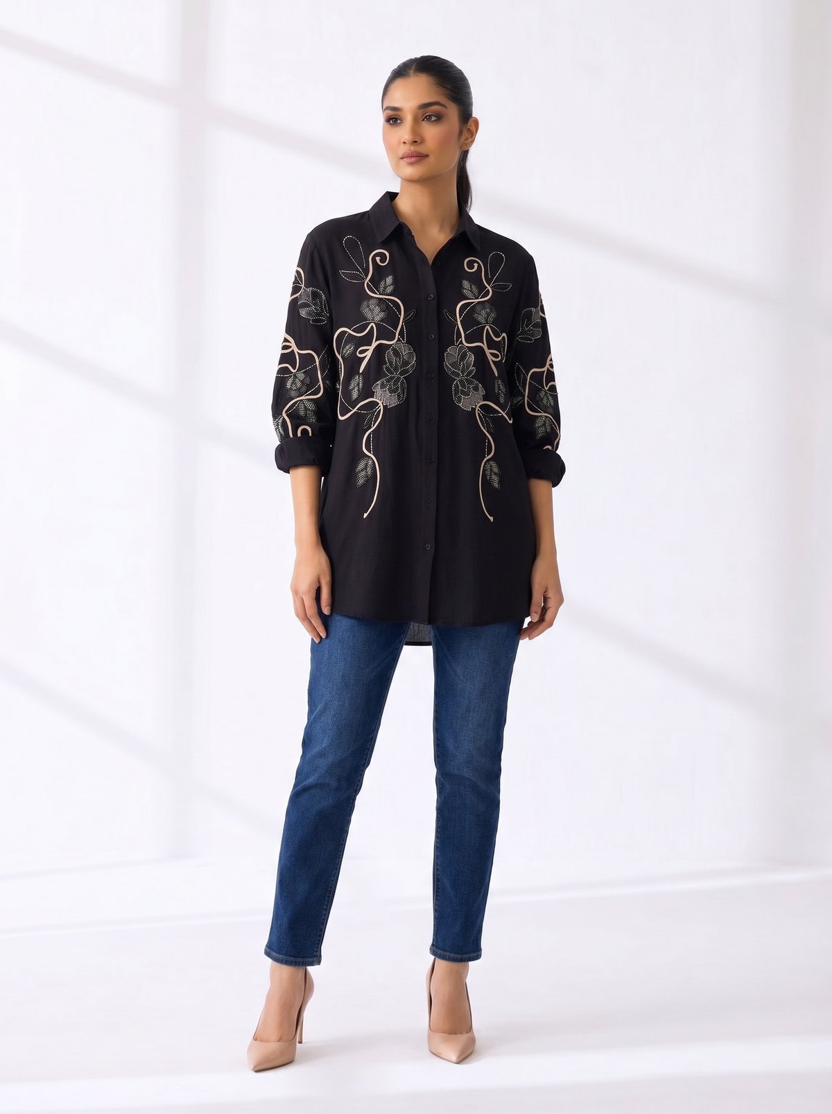 Black Embroidered Button-Down Shirt with Full Sleeves