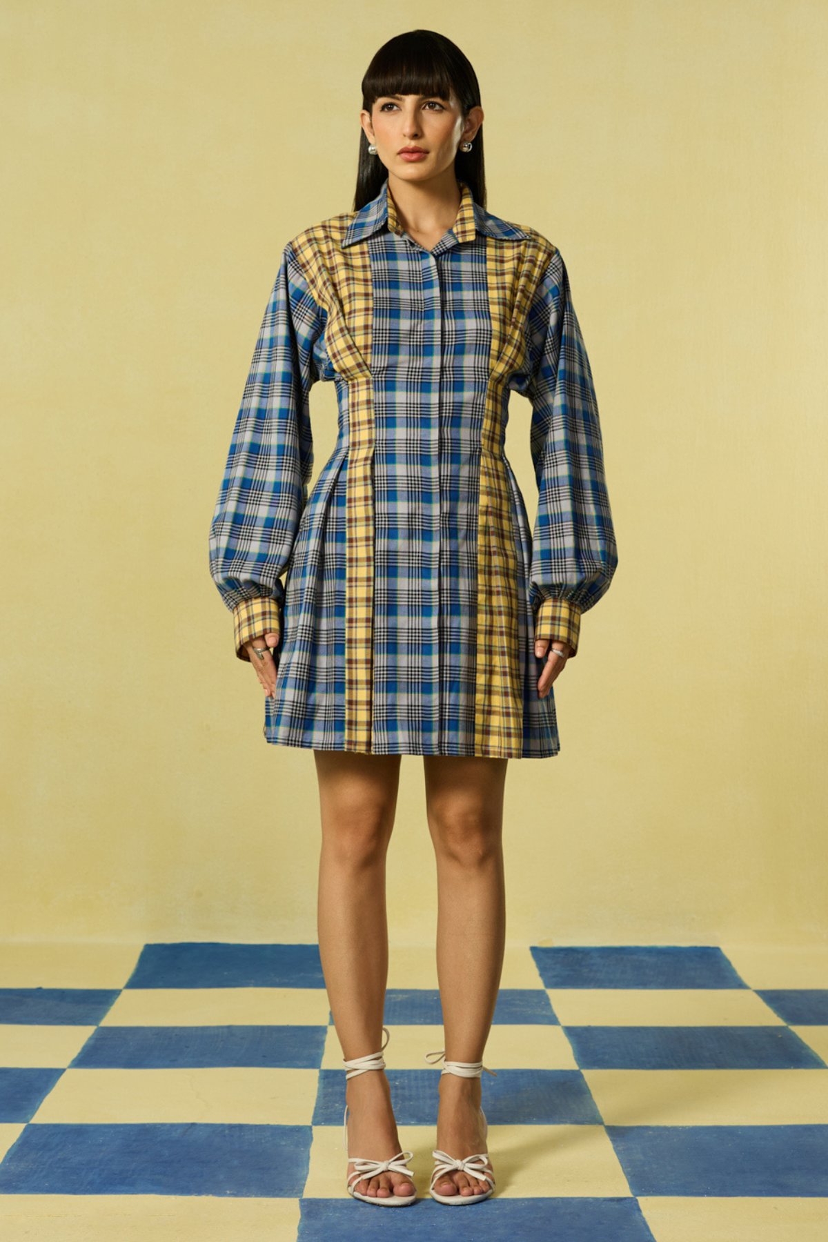 Yellow and Blue Plaid Mini Shirt Dress with Puff Sleeves