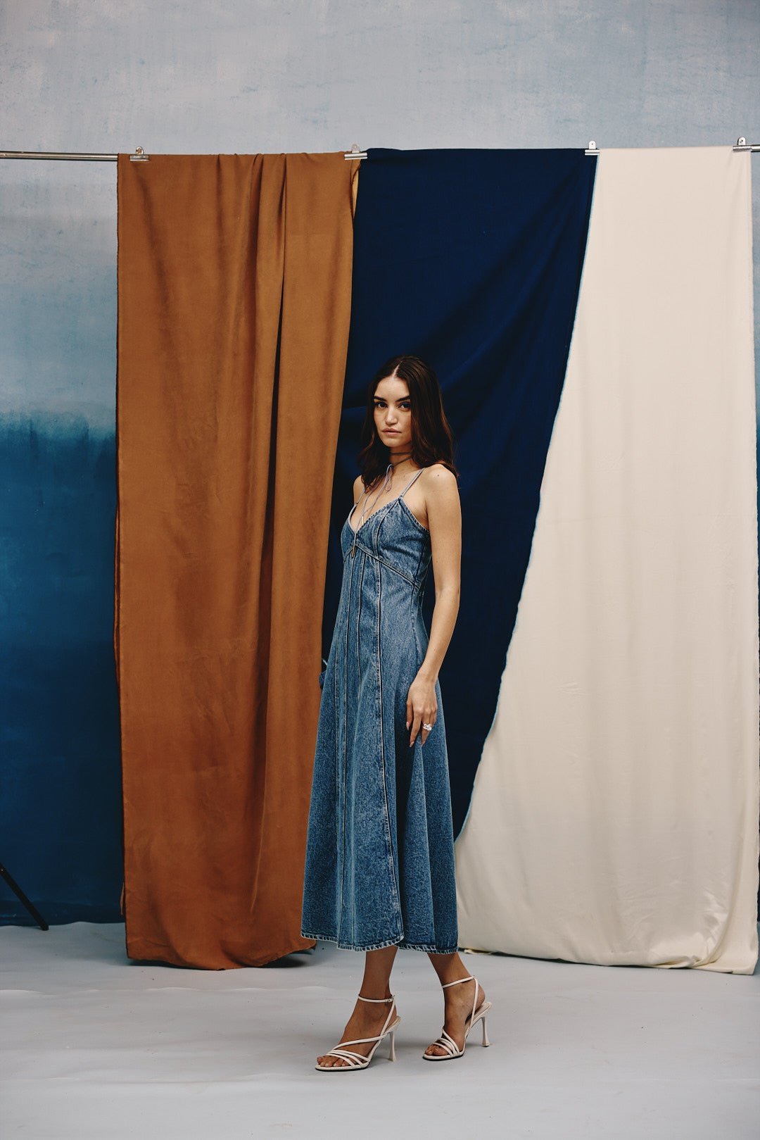 Acid-Washed Indigo Denim Fit and Flare Midi Dress