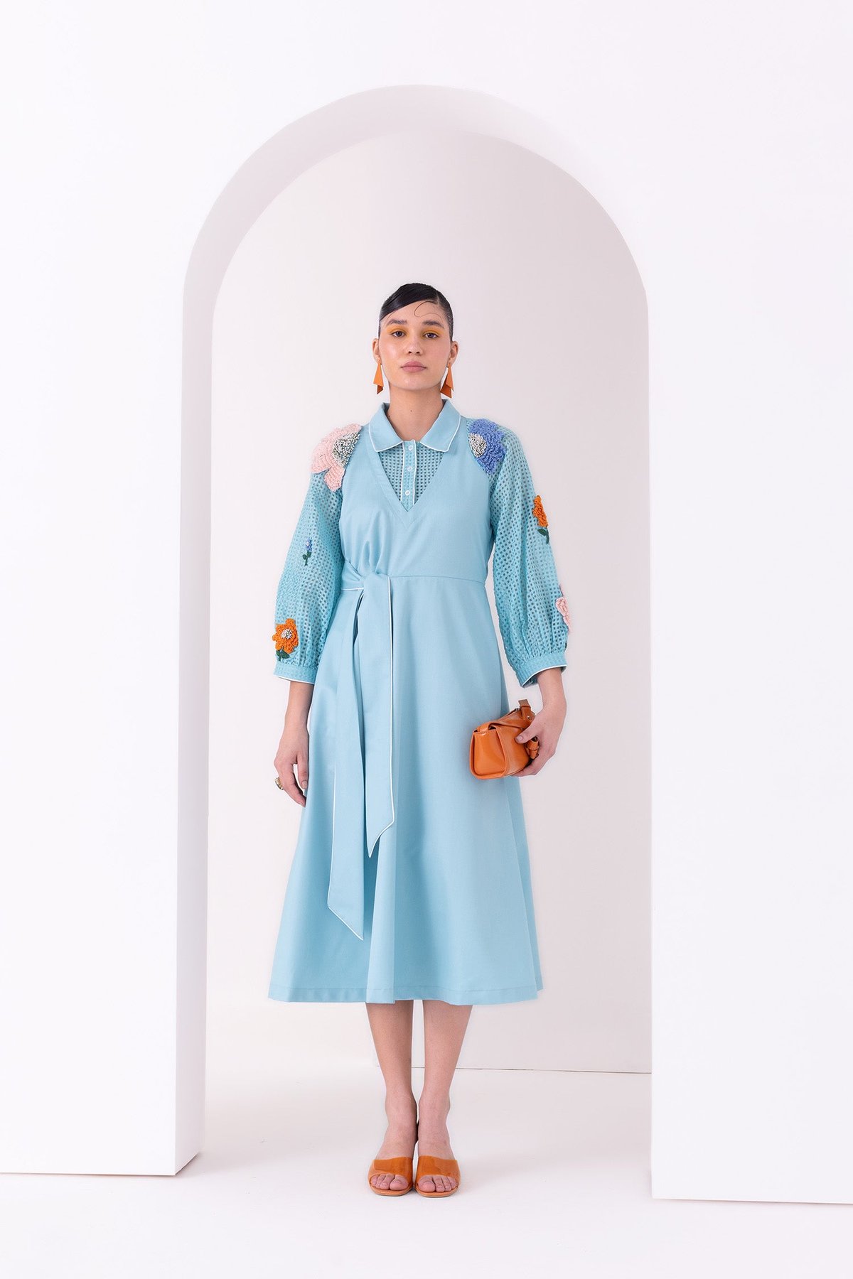 Marine Fit and Flare Midi Dress with Applique Sleeves