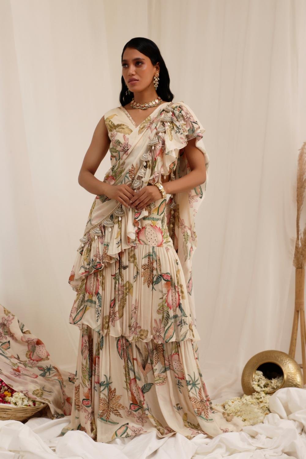 Pale Peach Floral Draped Saree Set with Blouse