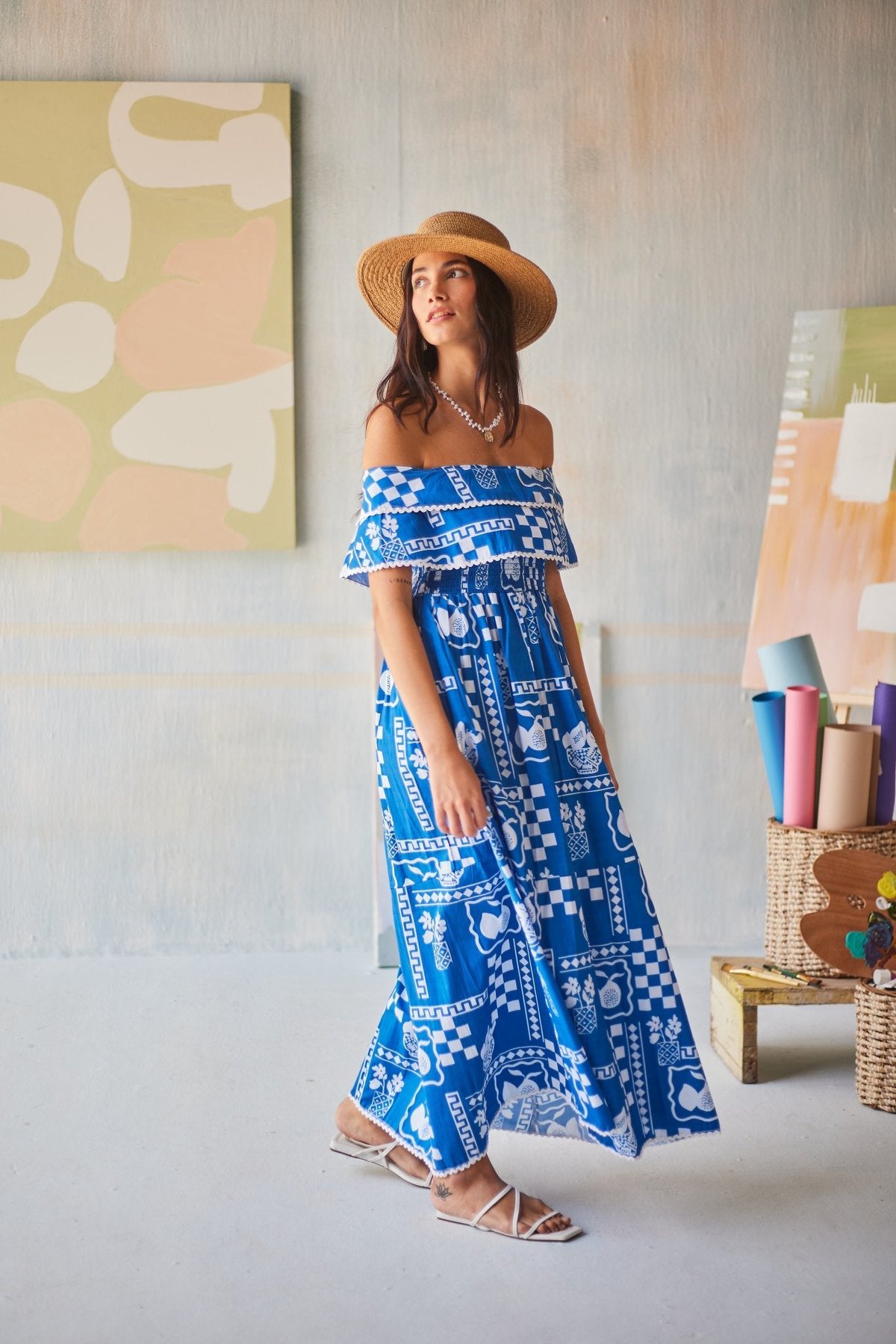 Blue Off-Shoulder Printed Cotton Midi Dress