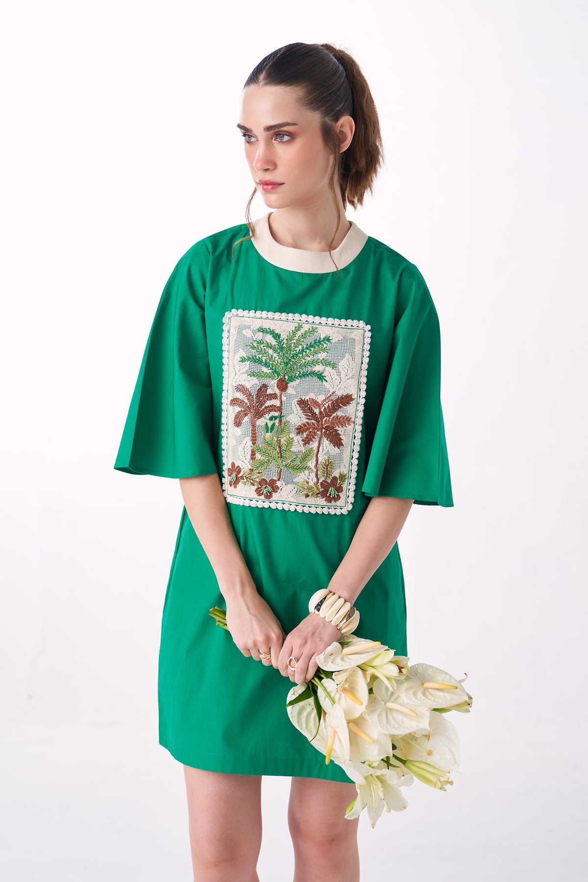 Emerald Cotton Twill Mini Dress with Embroidered Applique