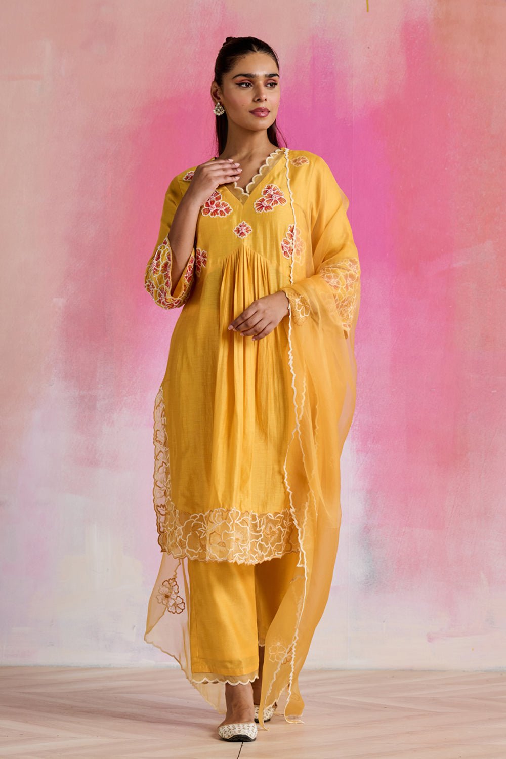 Yellow Chanderi Embroidered Kurta Set with Organza Dupatta