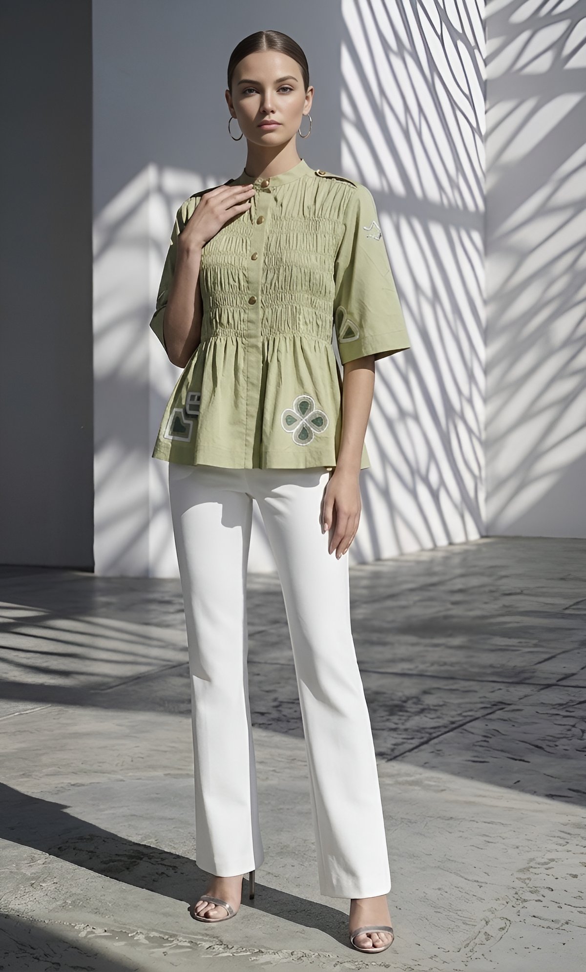 Smocking Top with Thread Embroidery and Gold Buttons
