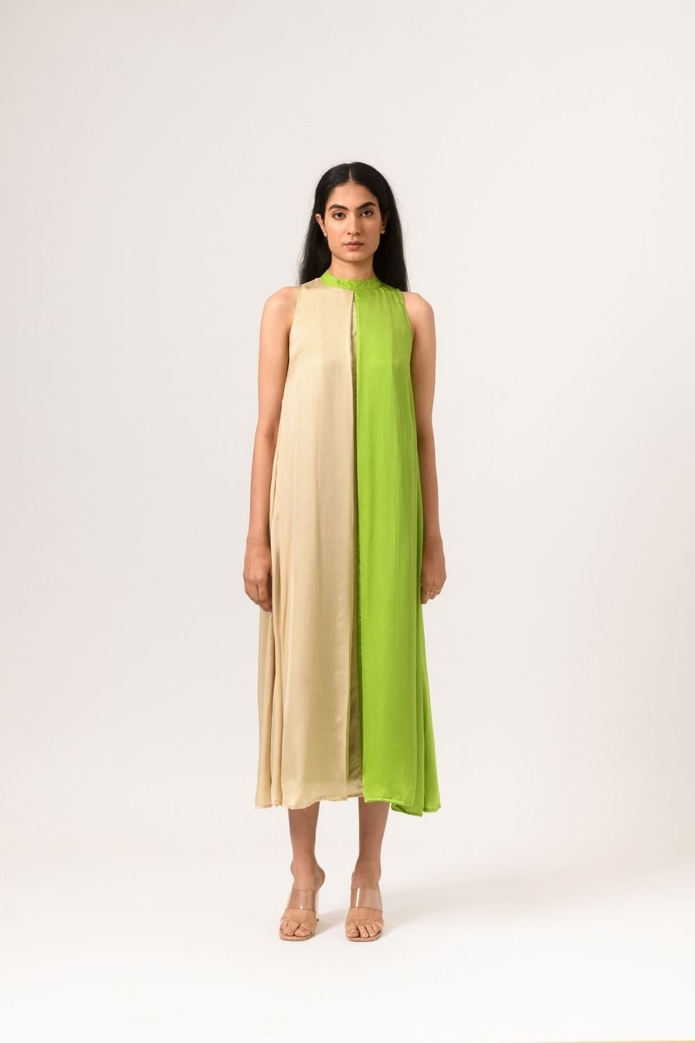 Ecru-Green Colorblocked Halter Neck Midi Dress