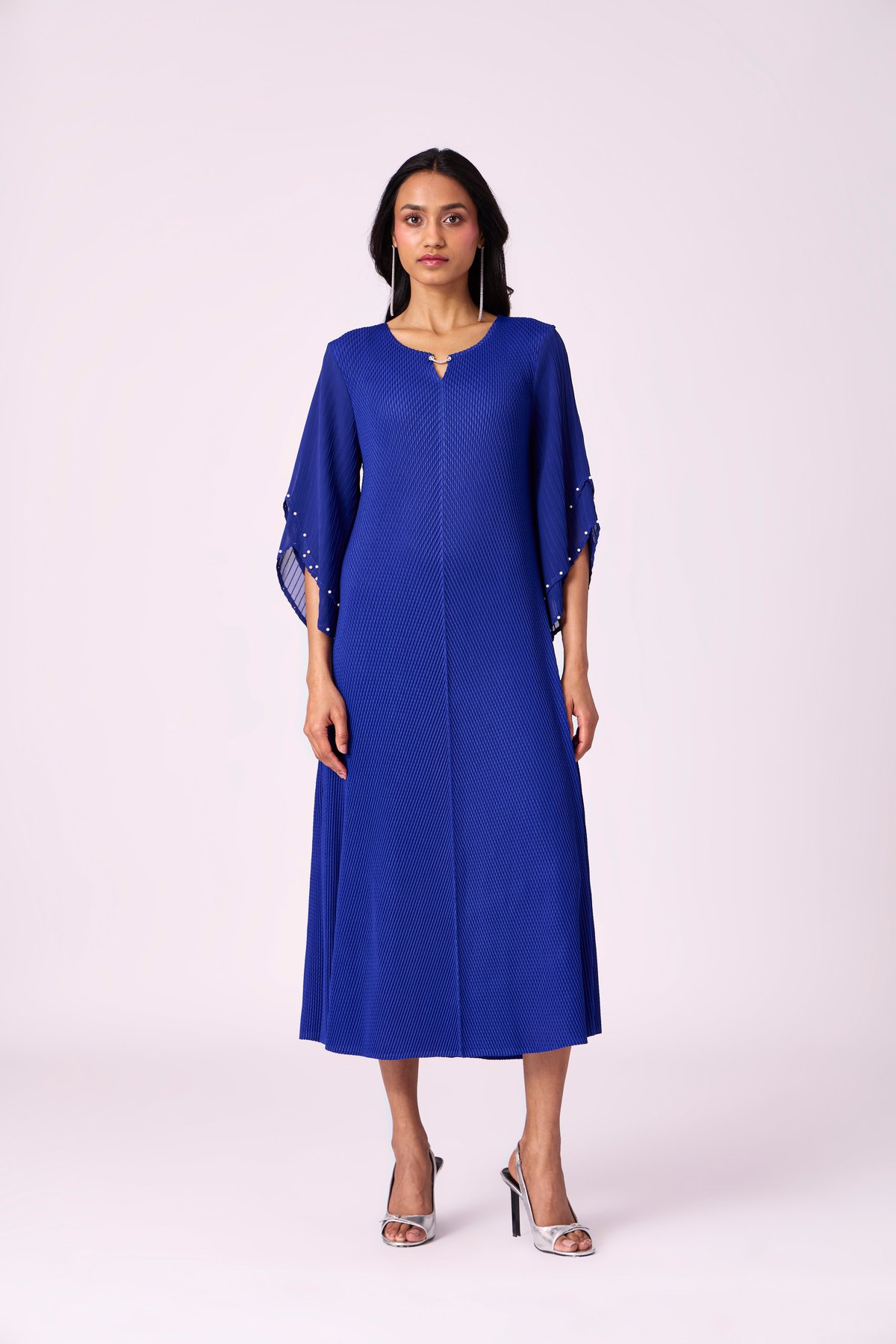 Royal Blue Pleated Midi Dress with Pearl Kaftan Sleeves