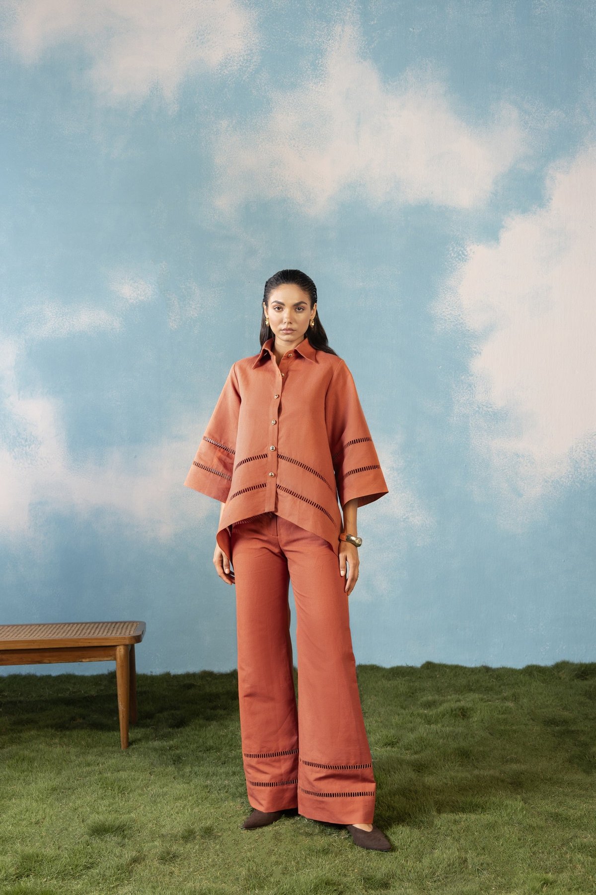 Rust Linen-Blend Shirt and Wide-Leg Trouser Co-ord Set