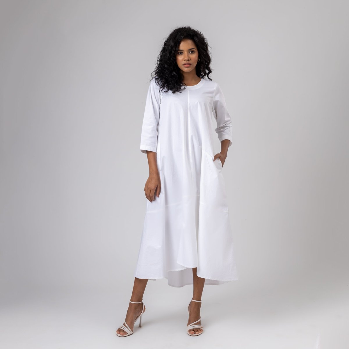White Panelled A-Line Midi Dress with 3/4 Sleeves