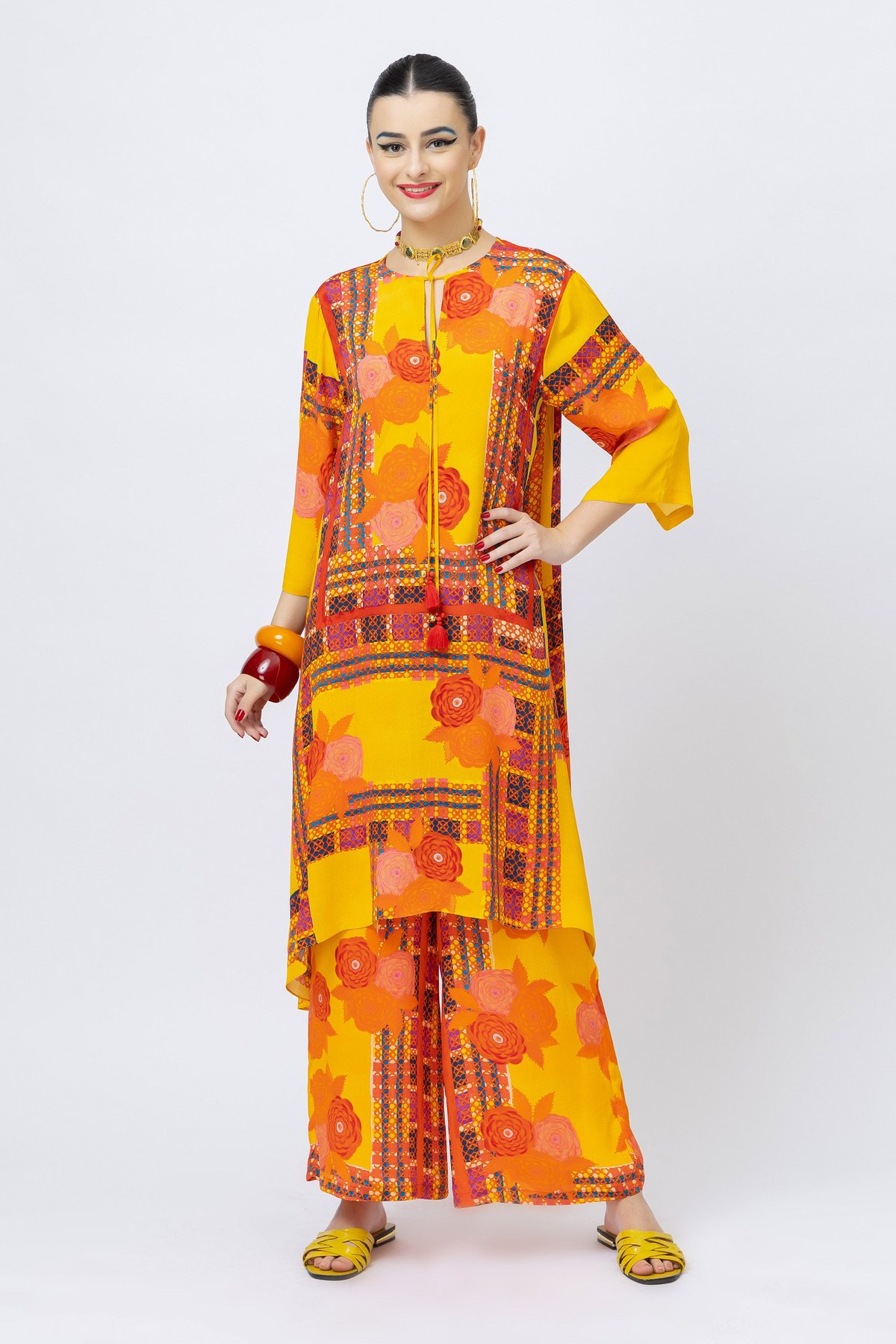 Orange Printed Crepe Kurta Set with Tie-Up Neck