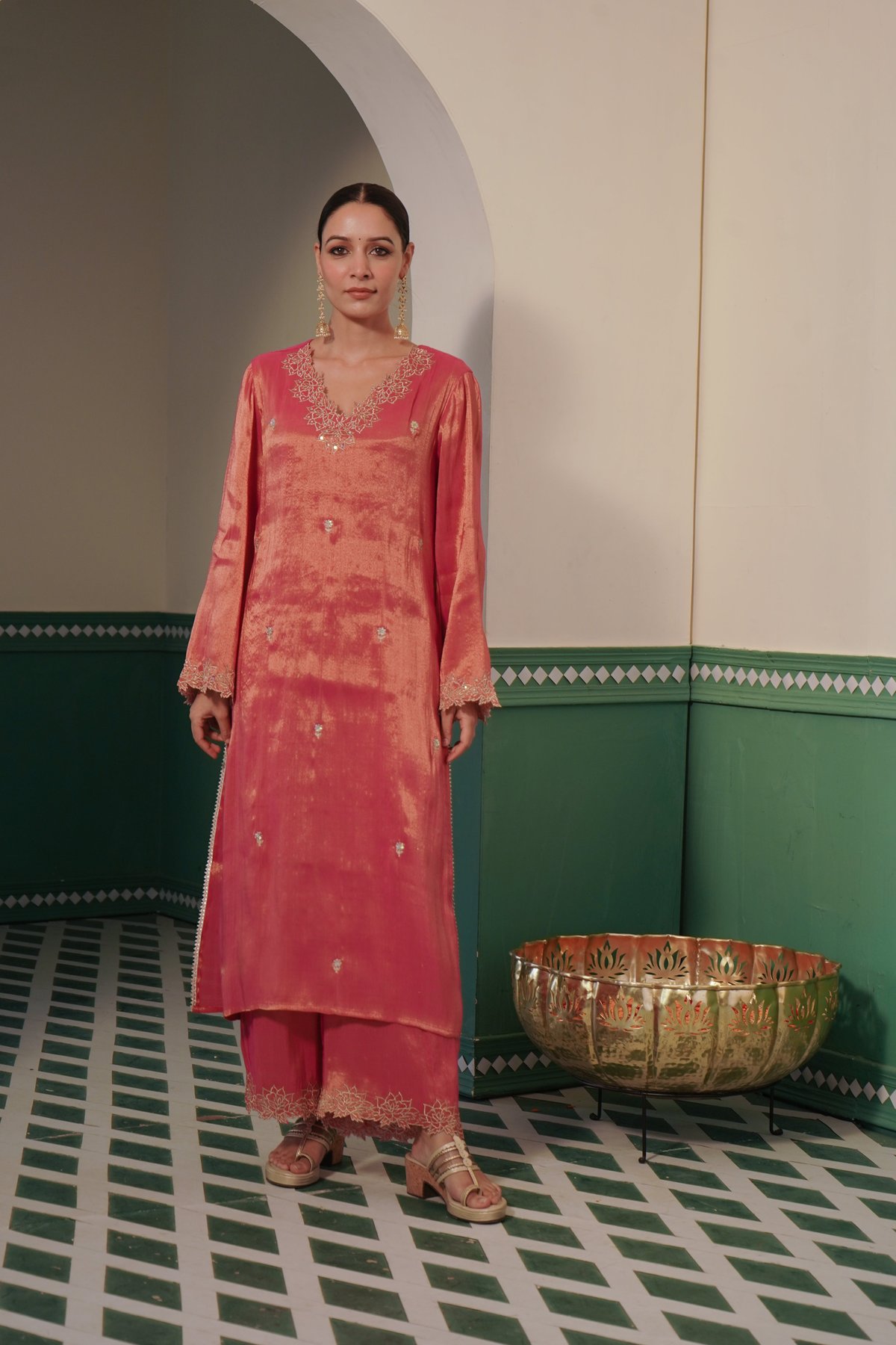 Rani Pink Tissue Kurta Set with Zari and Sequin Work