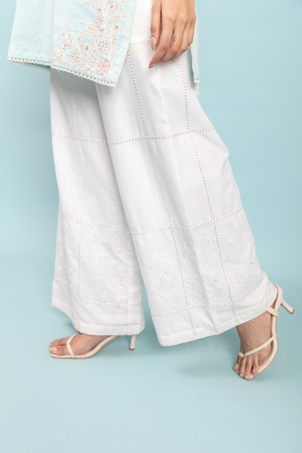 White Cotton Palazzo Trousers with Cutwork Detail