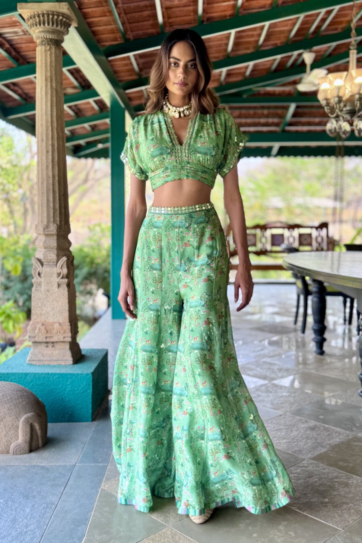 Mint Chiffon Printed Crop Top and Flared Pants Co-ord Set