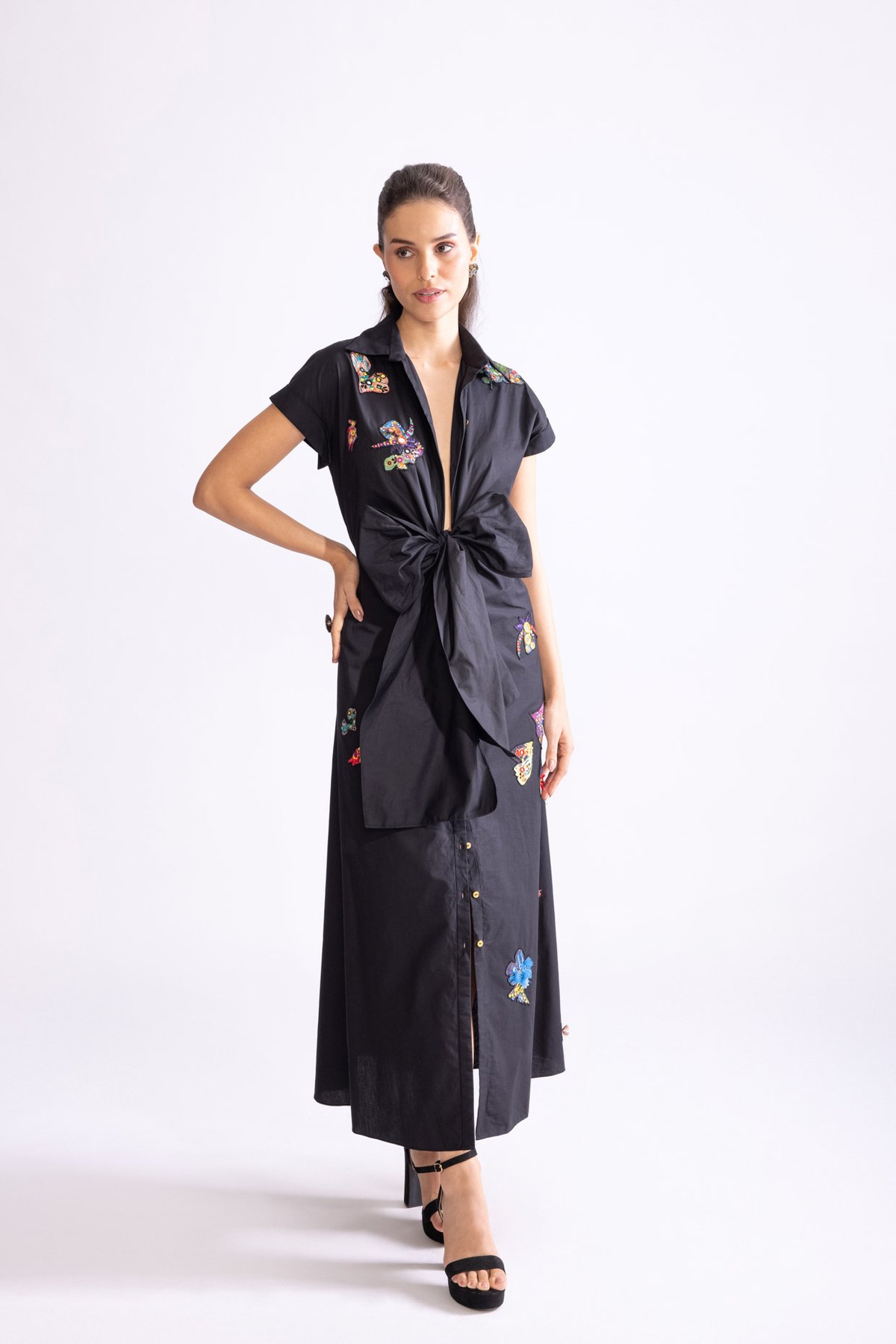 Black Poplin Shirt Dress with Mirror Work and Statement Bow