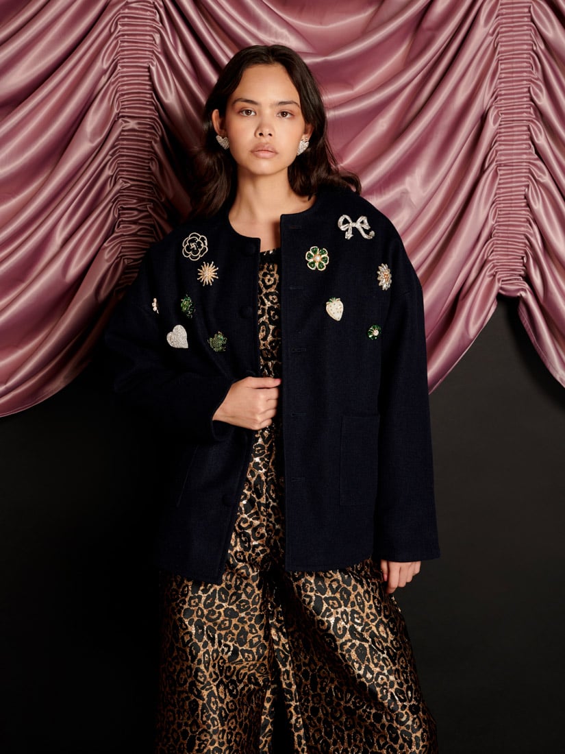 Navy Boxy Brooch-Embellished Jacket