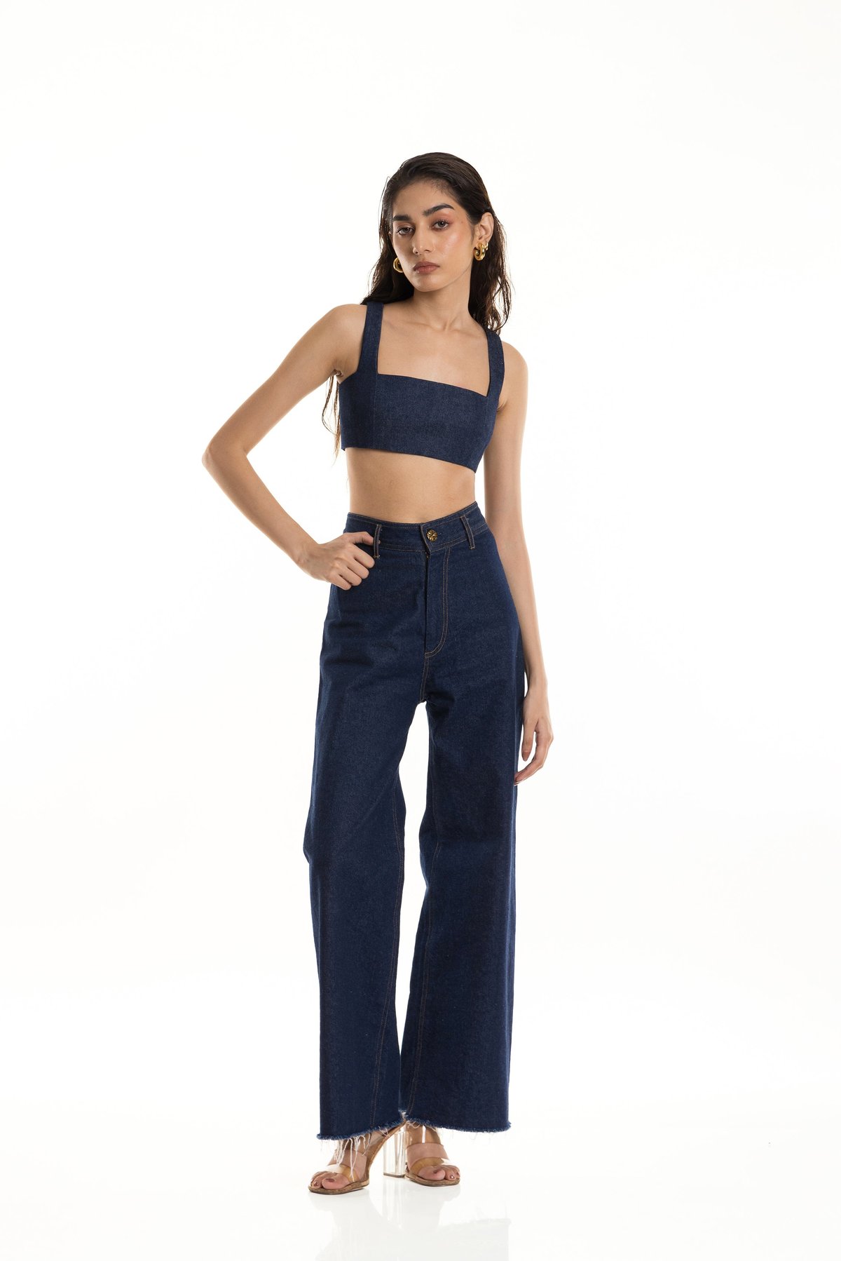 Denim Blue High-Rise Flared Jeans with Contrast Stitch