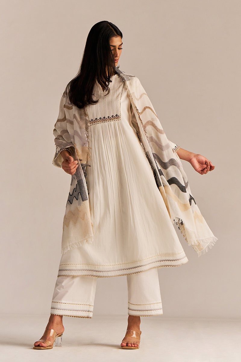 Ivory A-Line Kurta Set With Pintuck Yoke and Embroidery