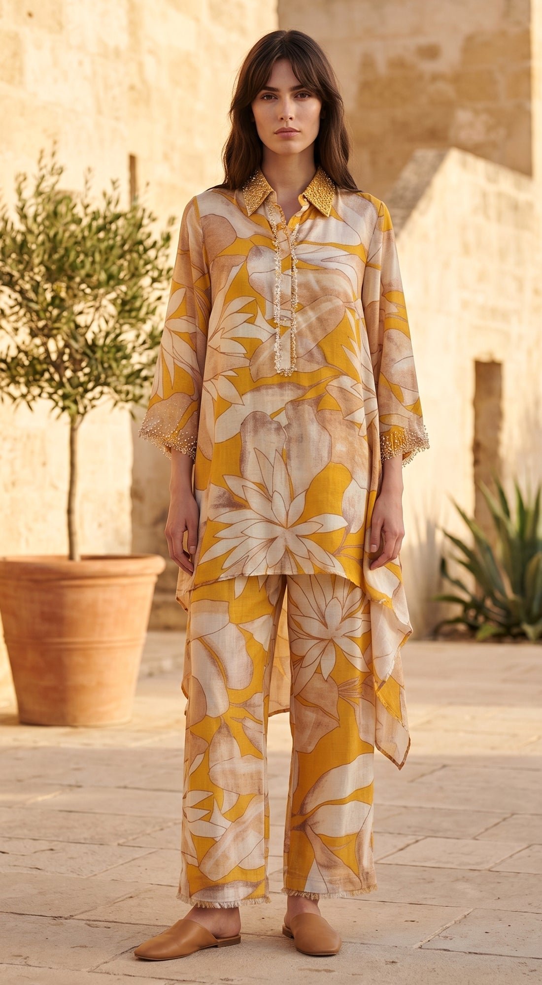 Mustard Muslin Printed Shirt and Wide-Leg Pants Co-ord Set
